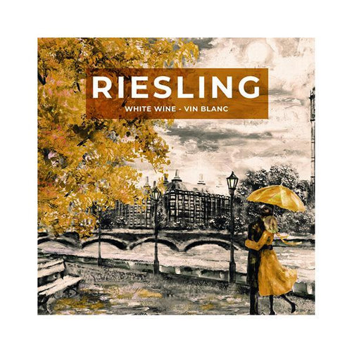 Riesling Street Man and Woman Under Umbrella Roll of 500 Wine Labels (3.78 in x 3.78 in | 9.6 cm x 9.6 cm)